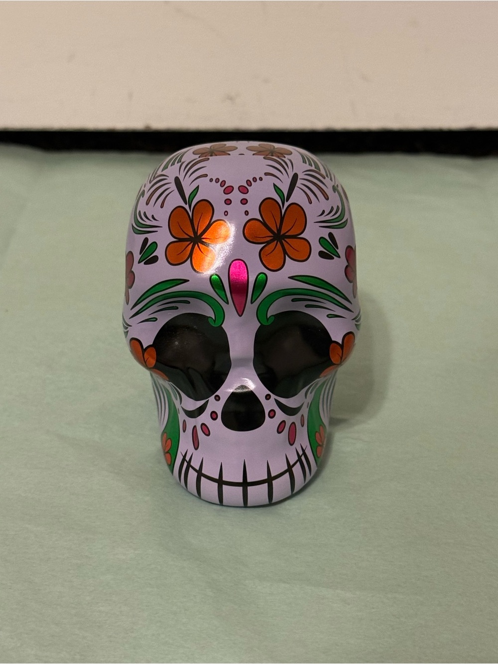 Bee International Floral Skull Decorative Tin Trinket Box Day of the Dead Pink